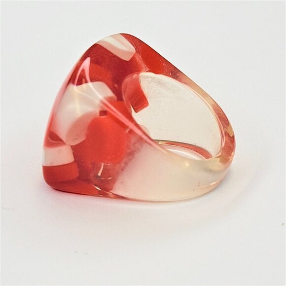 Chunky Square Resin Lucite Ring With Red And White Pill Beads See Through Ring - Picture 6 of 10